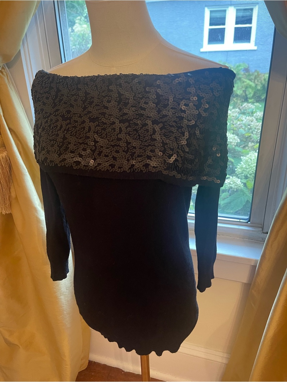 Boston Proper Black Off-Shoulder Sequin Foldover Sweater